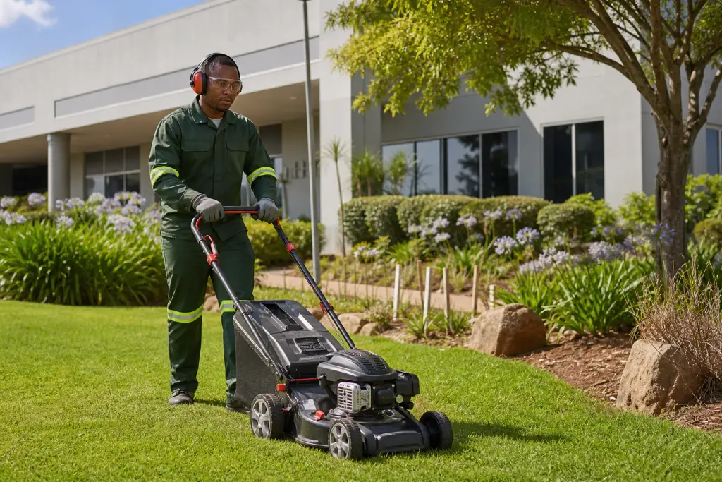 Professional groundskeeper cutting grass at a commercial property